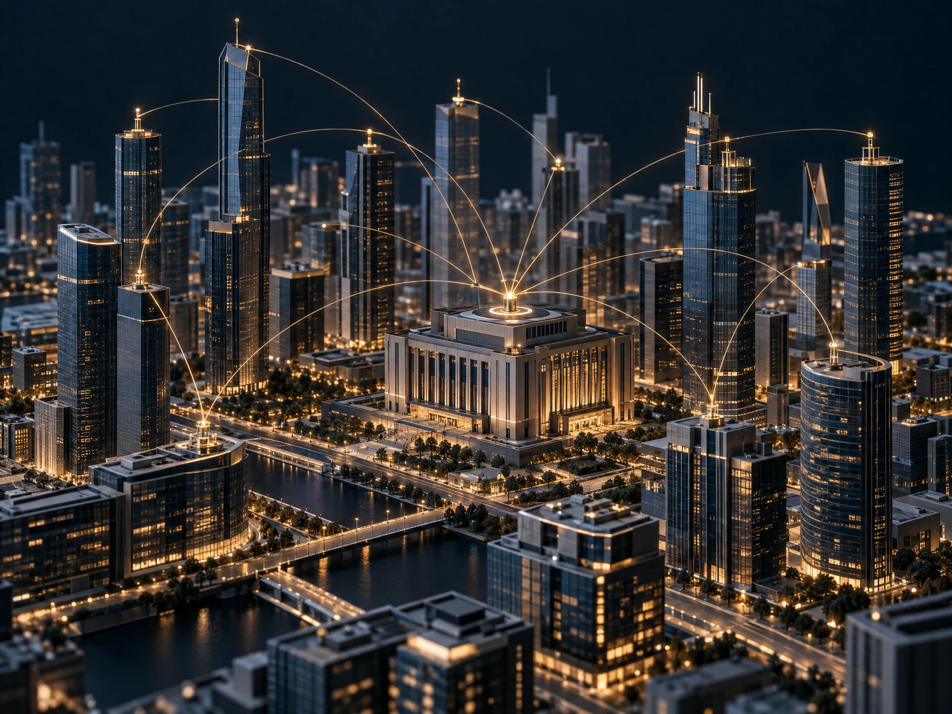 Conceptual city infrastructure linked by secure communications channels